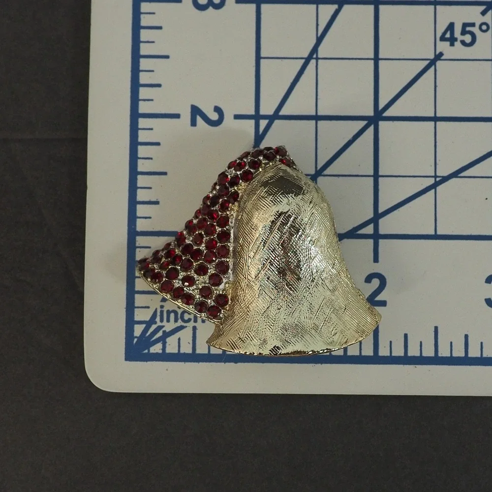 Vintage Christmas Bell Brooch Pin Red Rhinestone Pave Gold Tone Signed Holiday